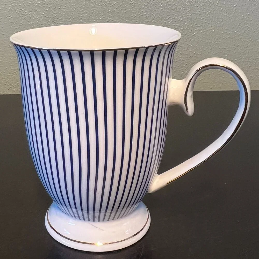 Grace’s Teaware Navy Blue White Pinstripe Gold Footed Coffee Mugs Set of 2
